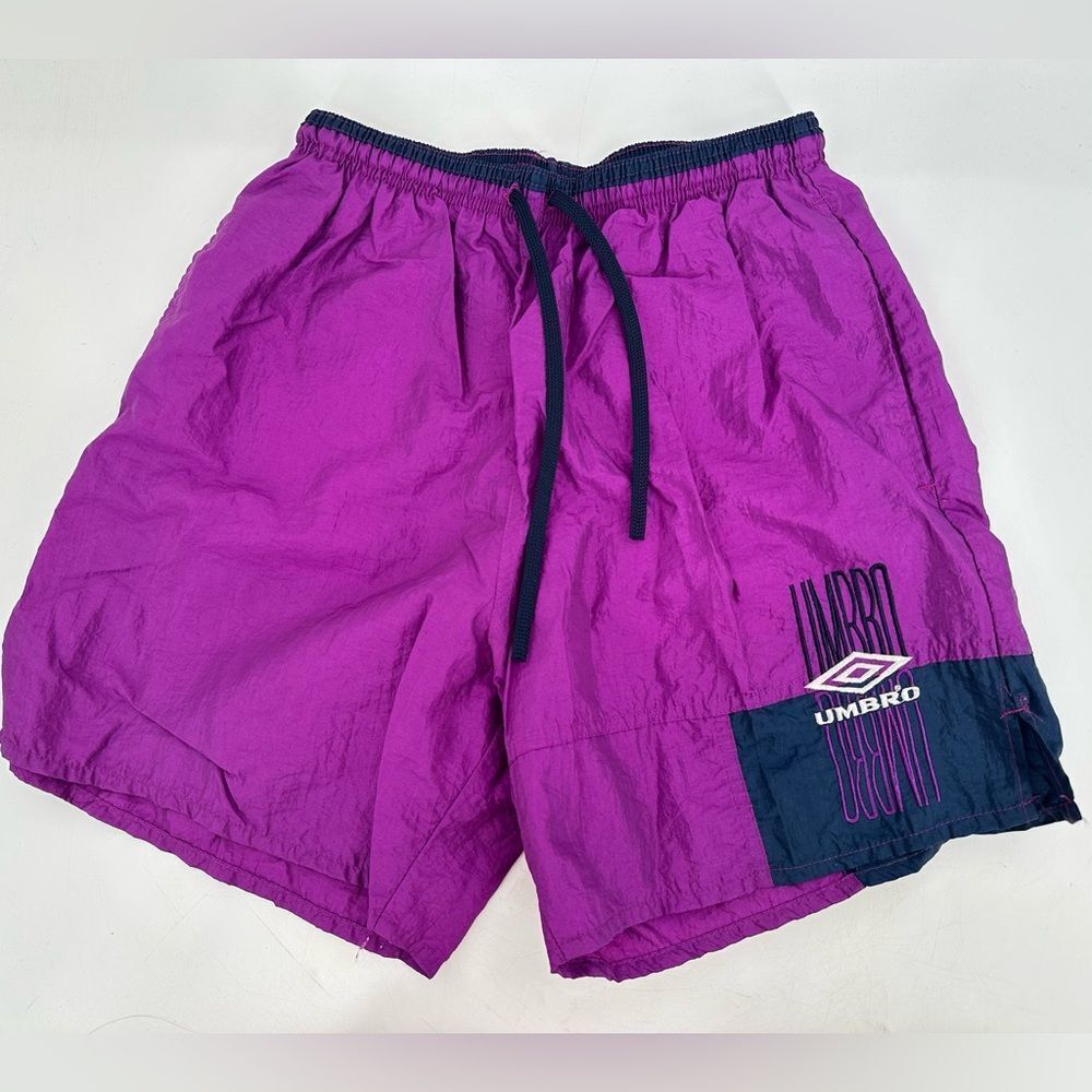 Vintage 90s UMBRO Soccer Shorts Medium Nylon ColorBlock Purple Spellout. - Picture 2 of 7